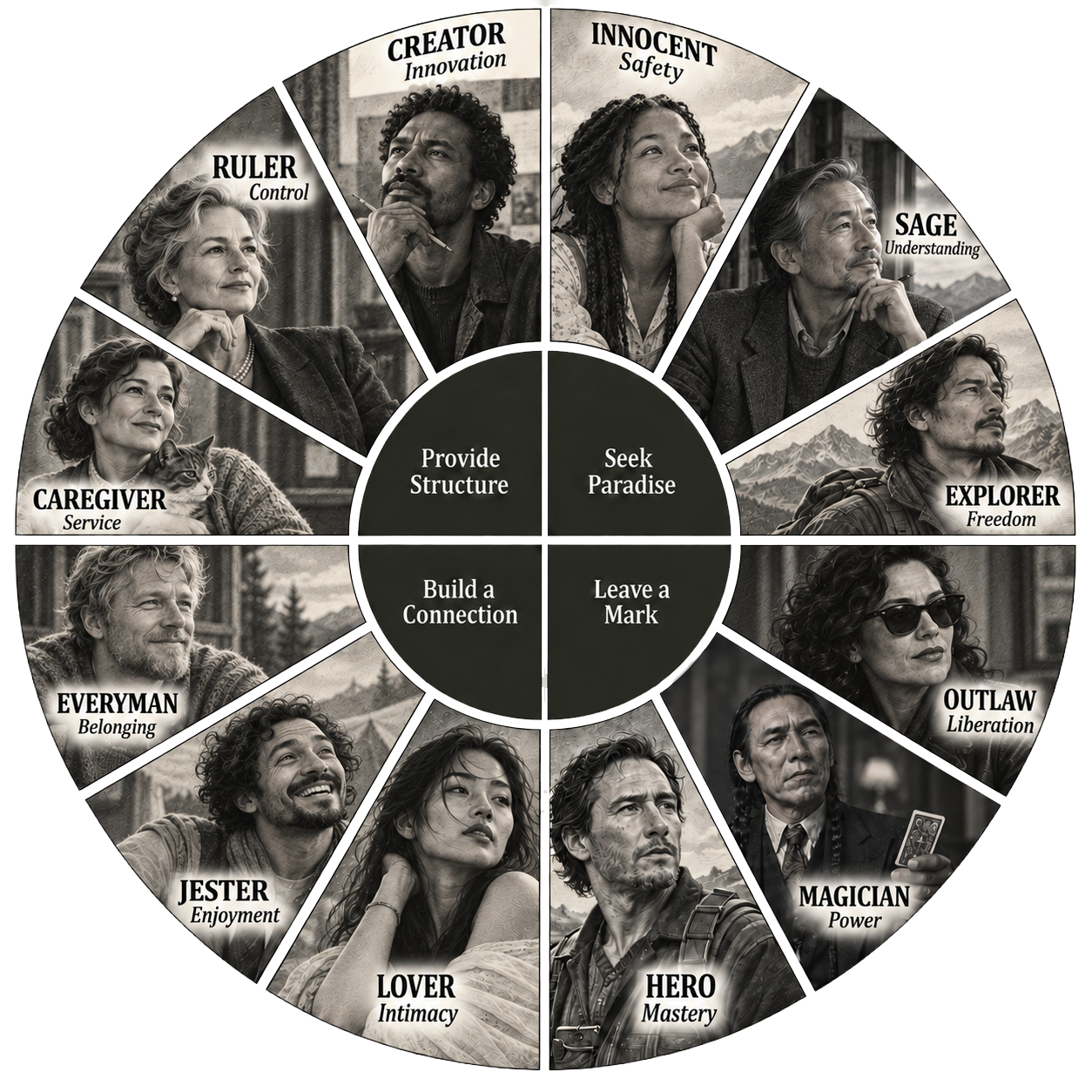 A wheel diagram showing all twelve character archetypes arranged in a circle