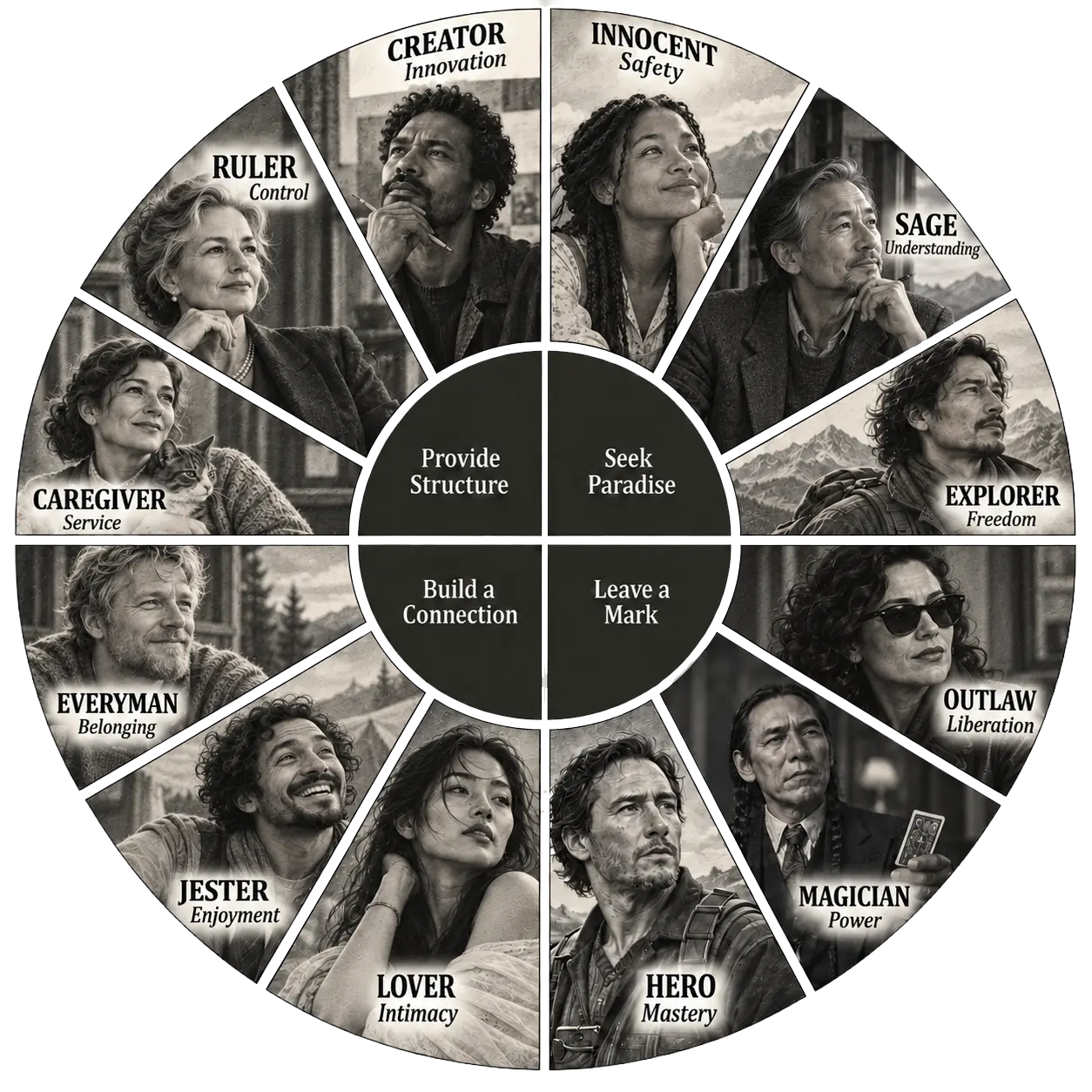 A wheel diagram showing all twelve character archetypes arranged in a circle