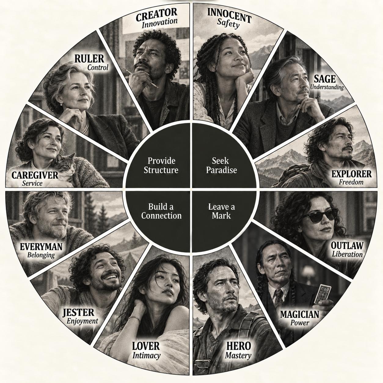 A wheel diagram showing all twelve character archetypes arranged in a circle