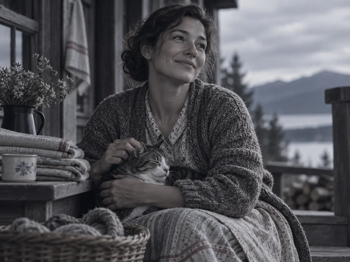 Black-and-white photo of a smiling dark-haired woman in a heavy knit cardigan, seated on a wooden porch cradling a sleeping cat, beside folded blankets, a teacup, and a basket of yarn, with pines and mountains behind her