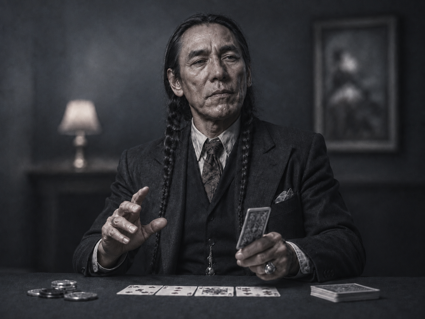 A man with long braided hair in a dark suit sits at a card table, holding a deck of cards beside a stack of poker chips