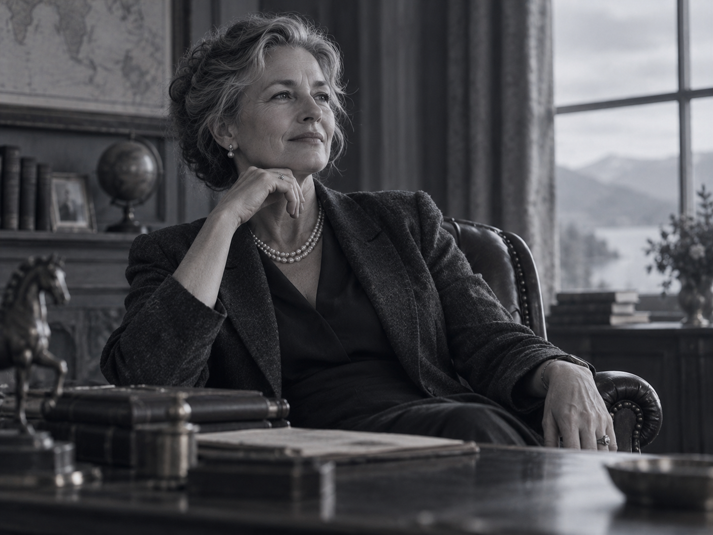 Black-and-white photo of a gray-haired woman in a tweed jacket and pearls, seated in a leather armchair behind a desk in a wood-paneled study, gazing toward a window