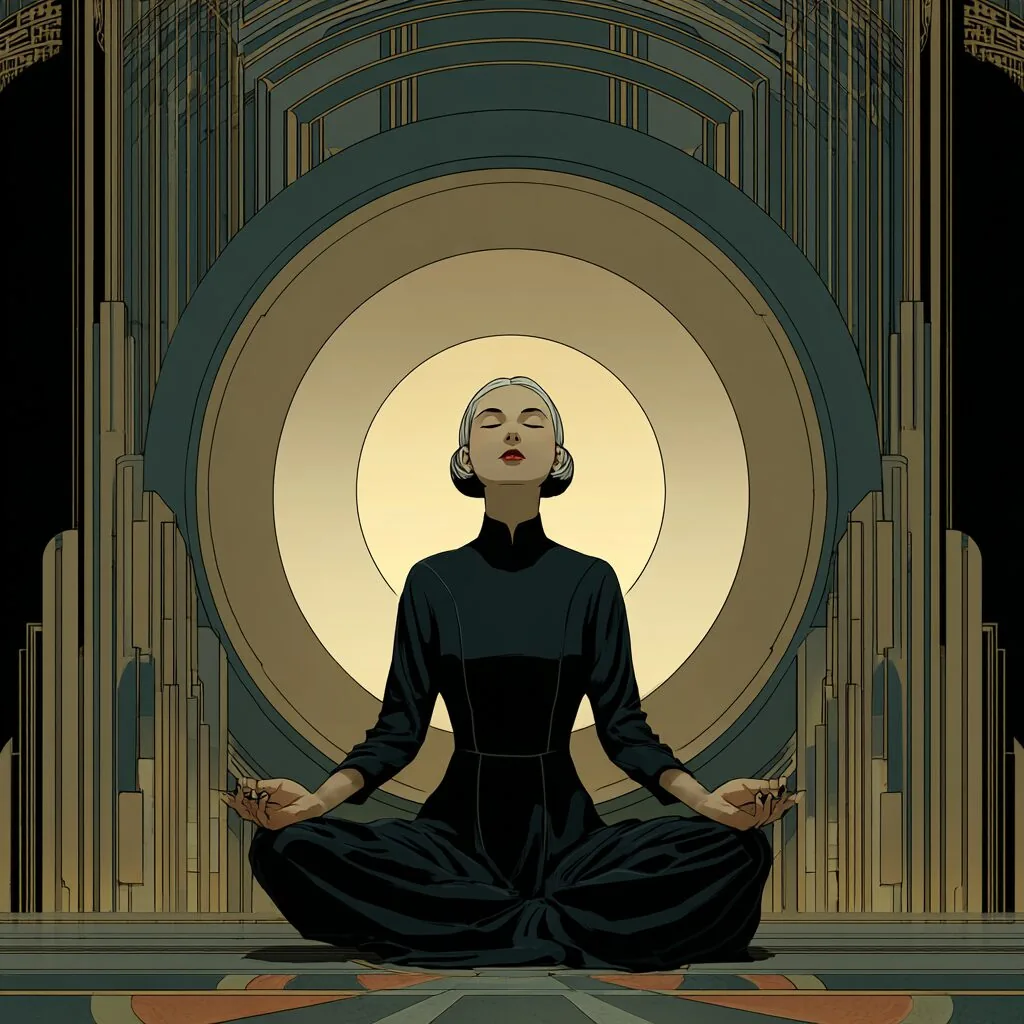 Illustration of a woman meditating in lotus position with eyes closed, haloed by concentric art-deco rings of light