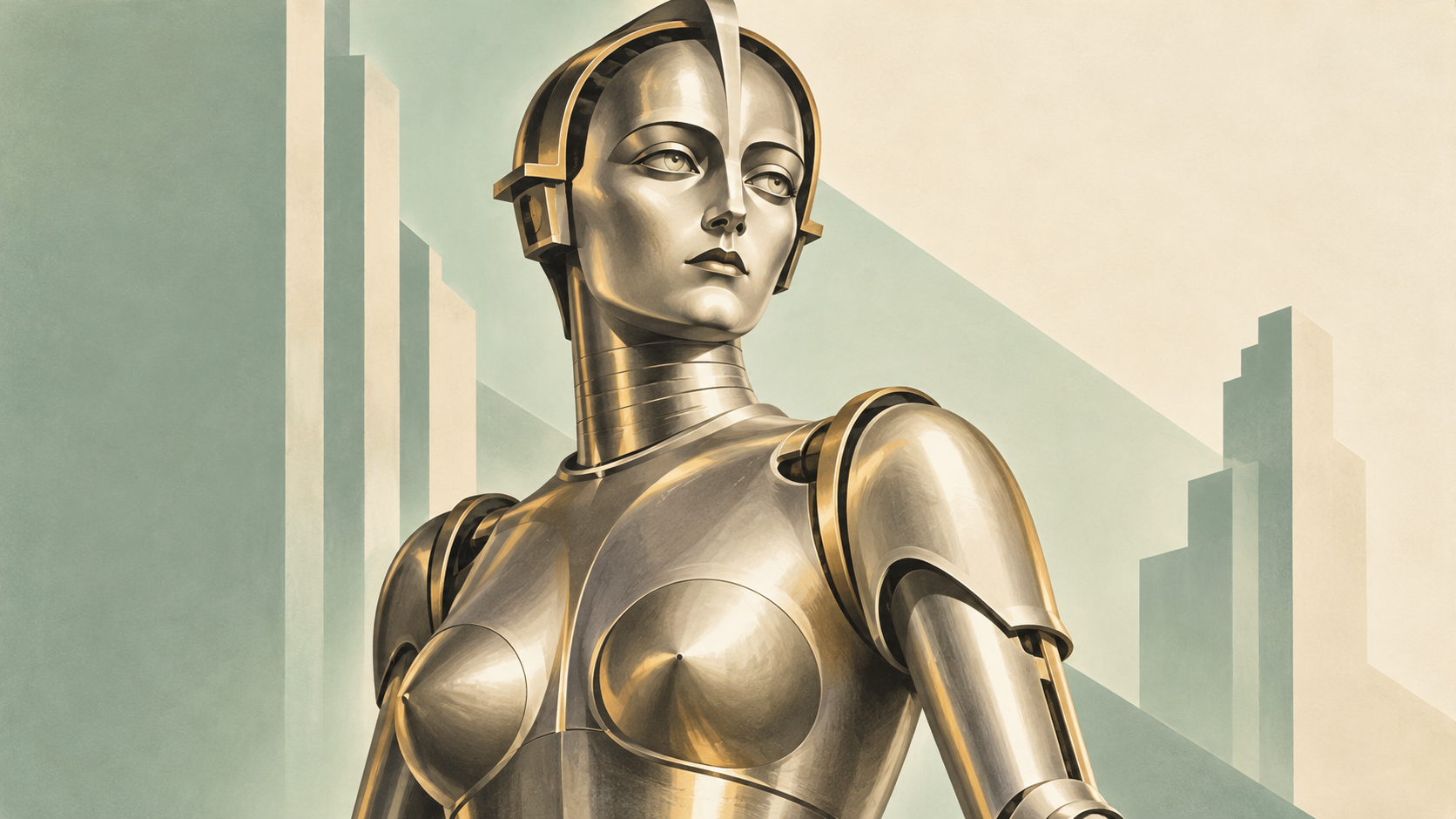 Art deco illustration of a gleaming metal robot woman in the style of Metropolis, set against stylized skyscrapers