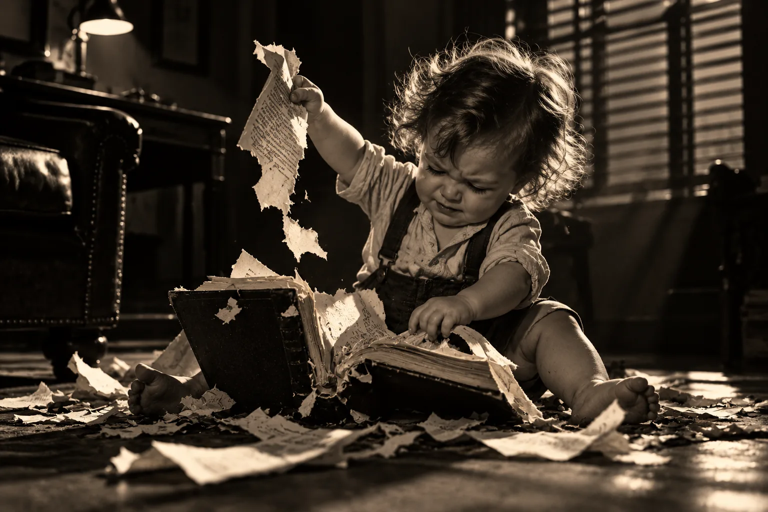 A cross toddler in overalls sitting on a study floor, tearing pages out of a large old book and scattering torn paper around them, in sepia light from a window