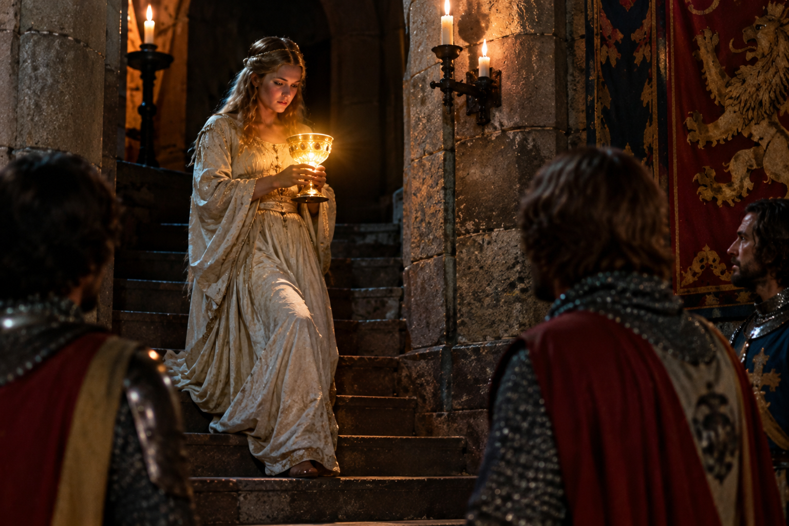 A young woman in a pale medieval gown descends a candlelit stone staircase carrying a glowing golden chalice, watched by knights in chainmail and red cloaks