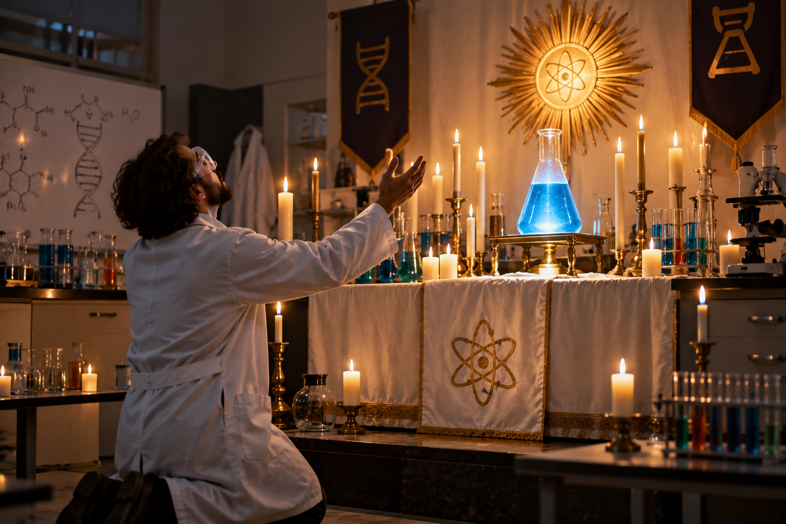 A scientist in a lab coat and safety goggles kneels with raised arms before a candlelit altar holding a glowing blue flask, beneath a golden sunburst atom symbol and DNA banners
