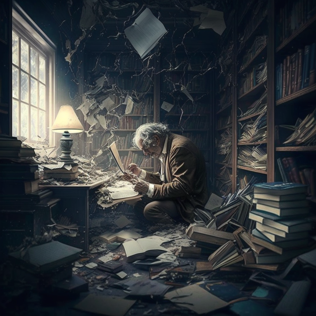 Surreal illustration of a person kneeling in an overwhelming, cluttered library, buried in stacks of books and loose pages