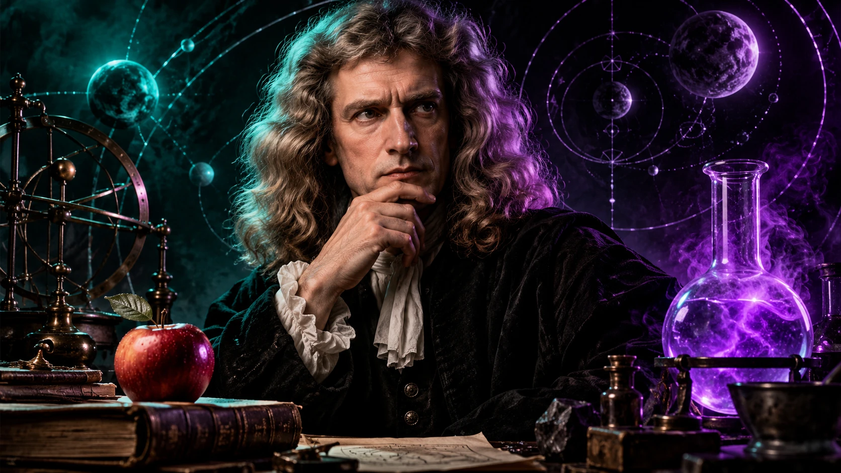 Isaac Newton in a long curled wig, chin in hand, at a desk with an apple, old books, an armillary sphere and a flask of glowing violet liquid, beneath teal and purple planetary orbits