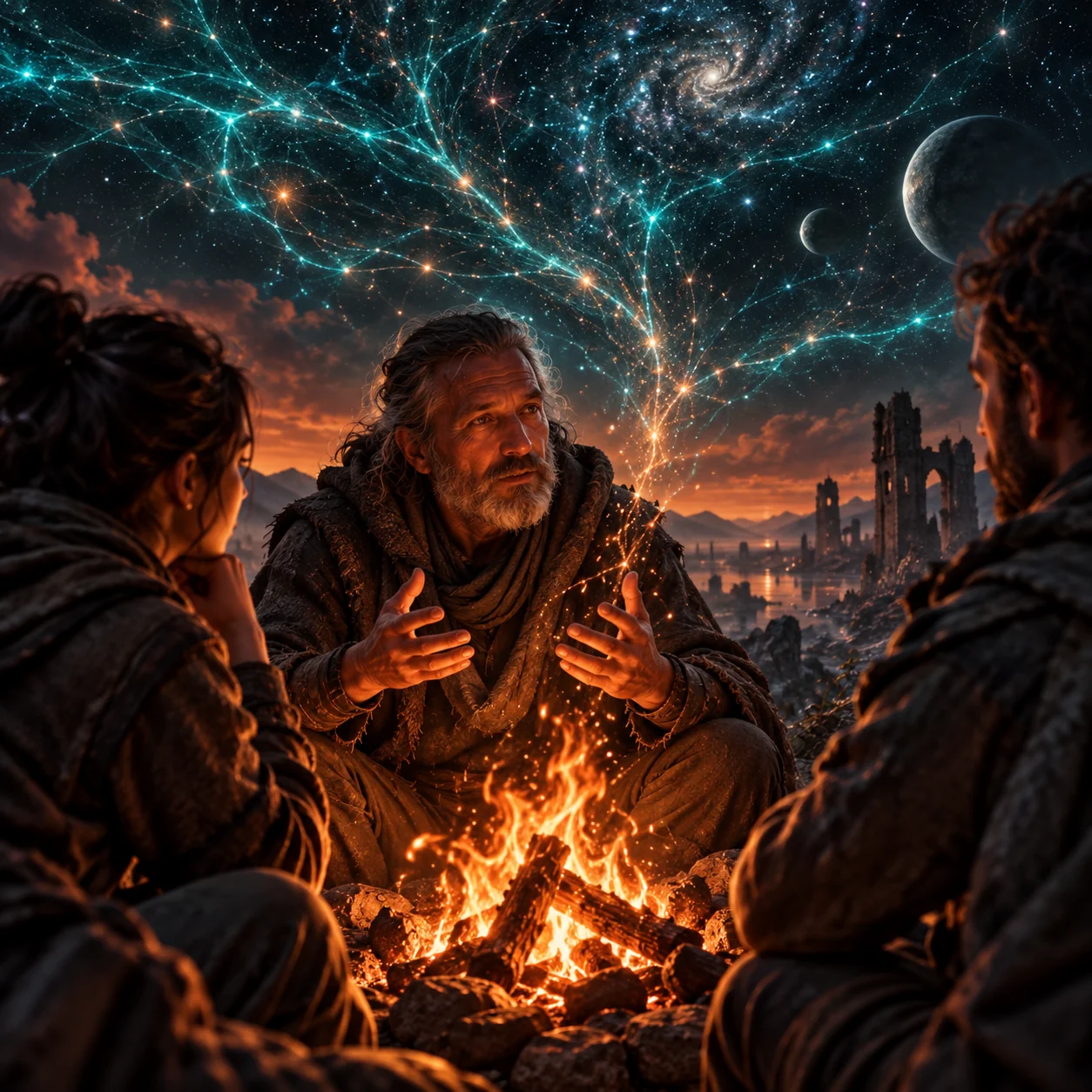 A storyteller and two companions around a fire, with orange sparks branching into a teal cosmic sky above distant ruins
