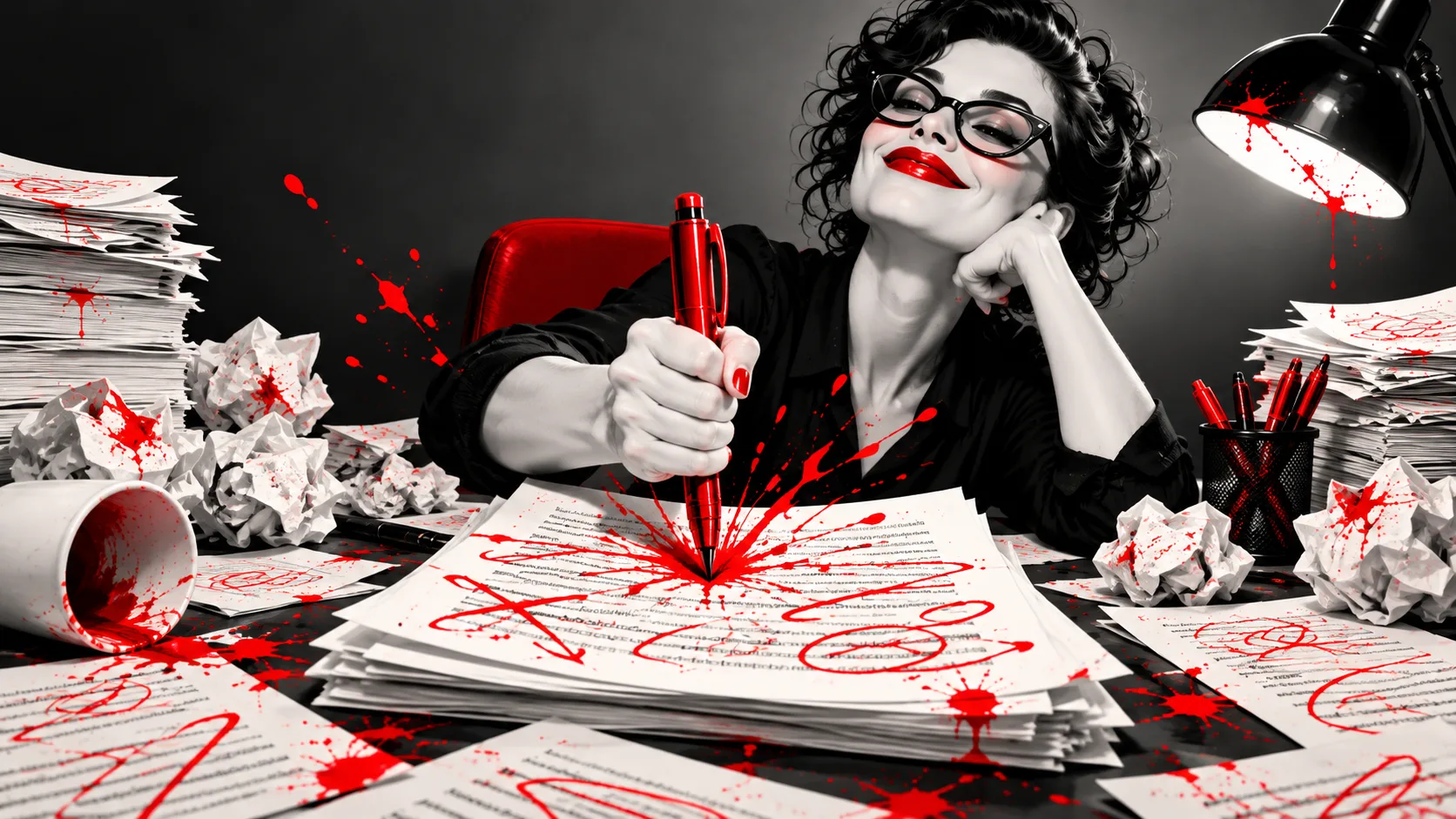 A grinning writer in cat-eye glasses stabs a red pen into a manuscript, red ink splattering like blood across crumpled pages and her desk