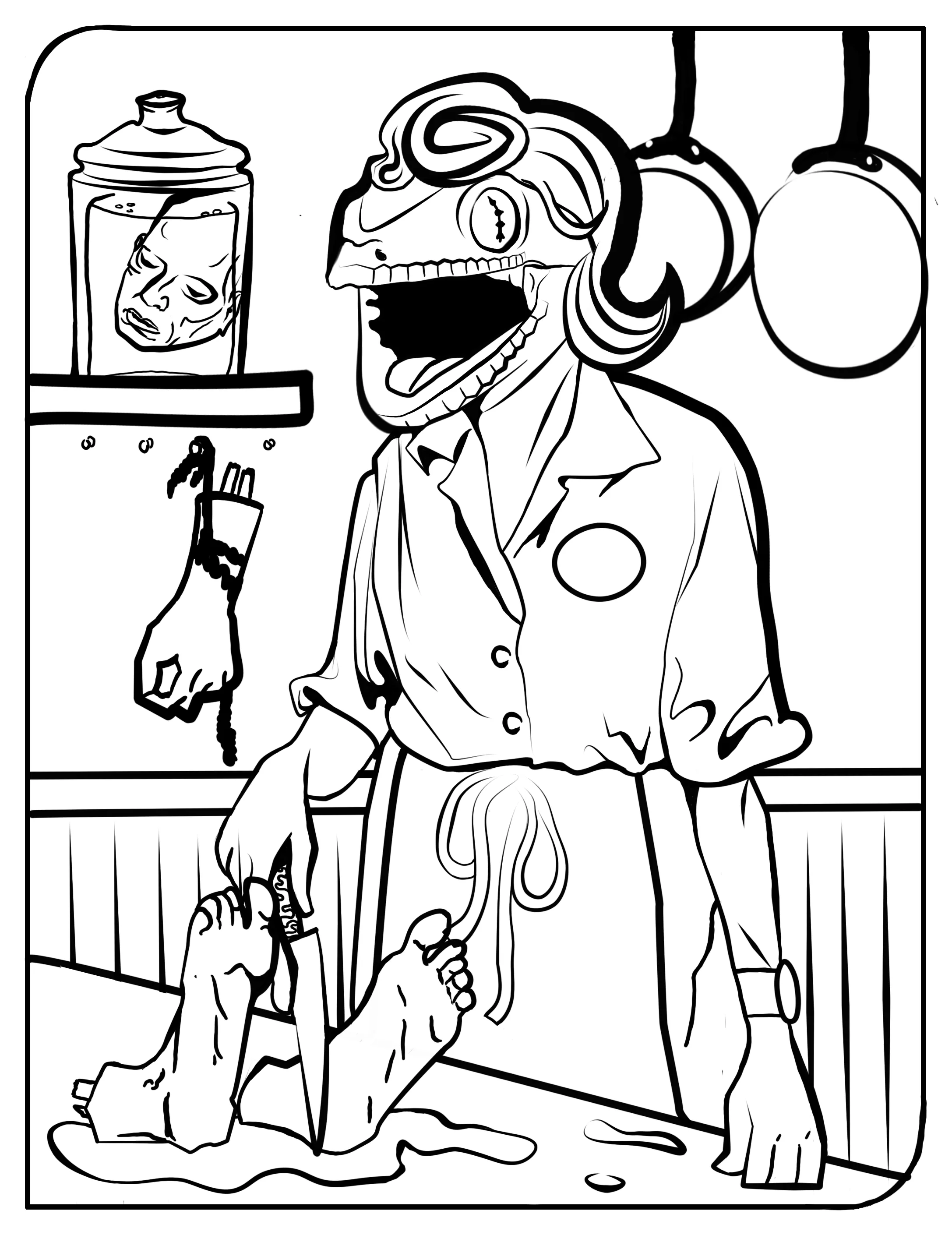 Coloring book page of a grinning reptilian chef in a retro kitchen, with a preserved head in a jar on the shelf behind her