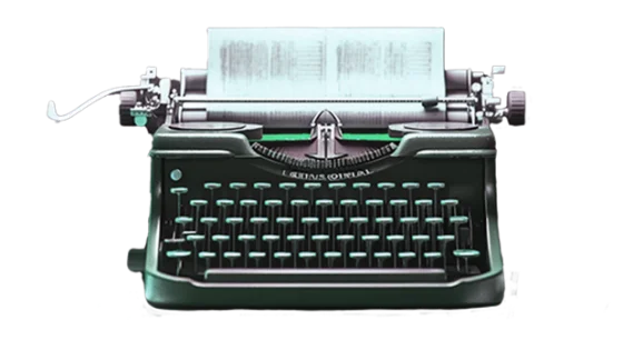 Hermes teal typewriter with cosmic glow